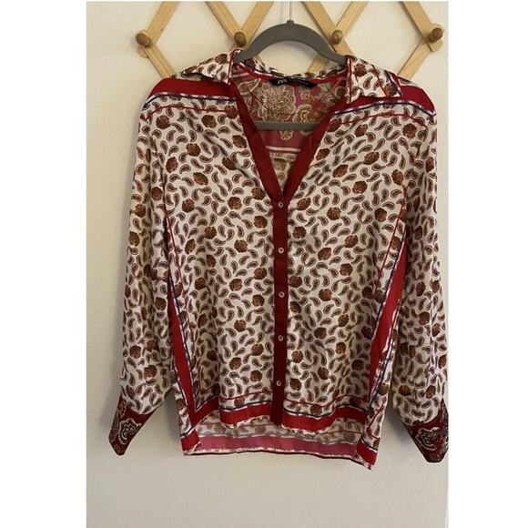 Zara Top Women's XS Paisley Satin Blouse Long Sleeve Collared Button Up - Picture 2 of 7